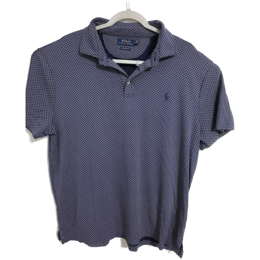 Polo Ralph Lauren Polo Shirt Mens XL Blue Custom Slim Fit Geometric Print Cotton